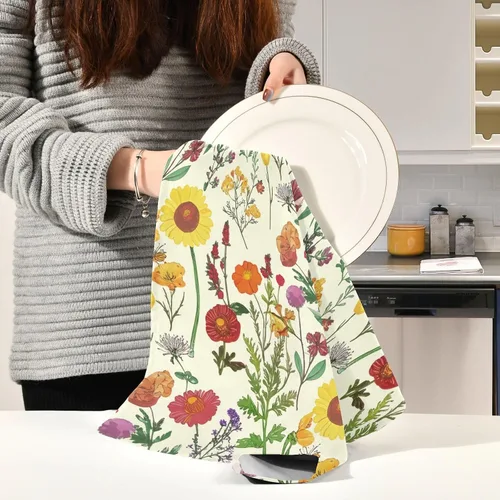 Vista 6 de GAIREG Toallas amarillas botánicas de flores silvestres retro, 28 x 18 pulgadas, toallas absorbentes para decoración de cocina