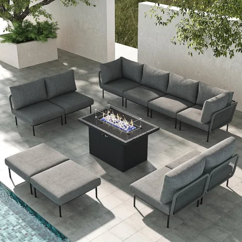 Vista 22 de LayinSun Juego de muebles de patio de aluminio de 7 piezas, sofá modular moderno con mesa auxiliar y cojín de grosor mejorado Gris claro