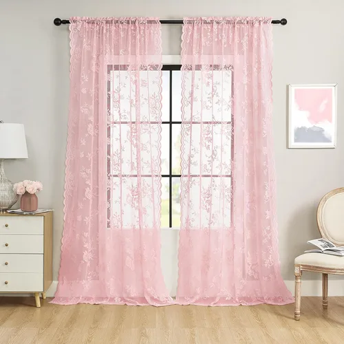 Vista 49 de Cortinas de encaje beige, juego de 2 paneles de cortinas traslúcidas con bolsillo para cortinero, decoración de ventana pequeña, baño, sótano