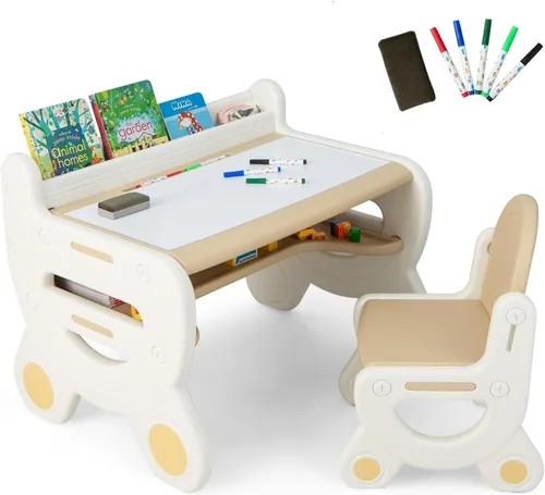 Vista 12 de Costzon - Juego de mesa y silla para bebé, escritorio de actividades de plástico con pizarra, bolígrafos de acuarela, borrador de pizarra y estante