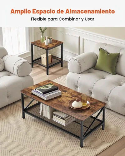 Vista 8 de VEVOR Juego de 3 mesas para sala de estar, mesa de café industrial de 41.3 pulg con 2 mesas auxiliares cuadradas, juego de mesas de café