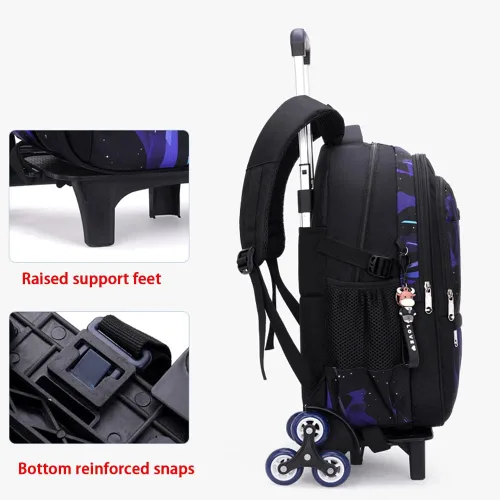 Vista 4 de CUSALBOY Bolsas escolares de tela Oxford para niños, mochila de viaje con seis ruedas y patrón de dinosaurio, Azul 1, Mochila con ruedas