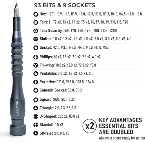 Vista 2 de HowFixit PRO MAX - Juego de destornilladores de precisión 106 en 1 para iPhone, Smartphone, MacBook, laptop, tableta, cámara, interruptor, PS5
