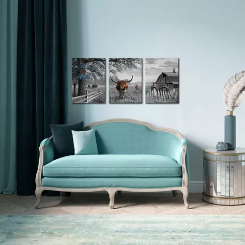 Vista 5 de yiijeah Decoración de pared occidental – Arte de pared rústico de 3 piezas de árbol azul y vaca marrón – Arte de pared blanco y negro para paredes
