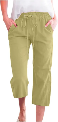 Vista 21 de Ceboyel Pantalones capri para mujer para verano, cintura elástica, pantalones de yoga, con cordón, pantalones de lino, pantalones de entrenamiento