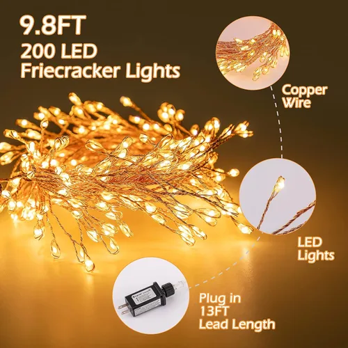 Vista 3 de Minetom Guirnalda de luces enchufables, 10 pies, 200 luces LED, alambre de cobre, impermeable, luces de petardo estrellado para techo, dormitorio
