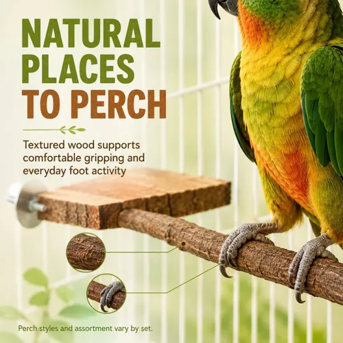 Vista 4 de MAC'S Combo de juguetes para pájaros, perchas y repisas, madera de manzanita, 11 piezas para pájaros medianos a grandes