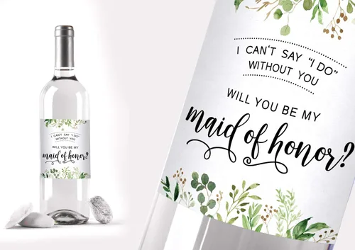 Vista 4 de Printed Party Propuesta de dama de honor para botella de vino, etiqueta de regalo, vegetación, juego de 8