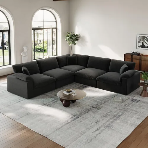 Vista 16 de Sofá modular Cloud para sala de estar, sofás de mezcla de lino en forma de L, modernos sofás de nube de asiento profundo, sofás seccionales Beige