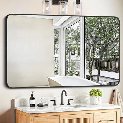 Vista 32 de FORBATH - Espejo de baño negro para sobre lavabo, espejo de pared de 16x24 pulgadas con marco de metal, esquinas redondeadas para baño, dormitorio