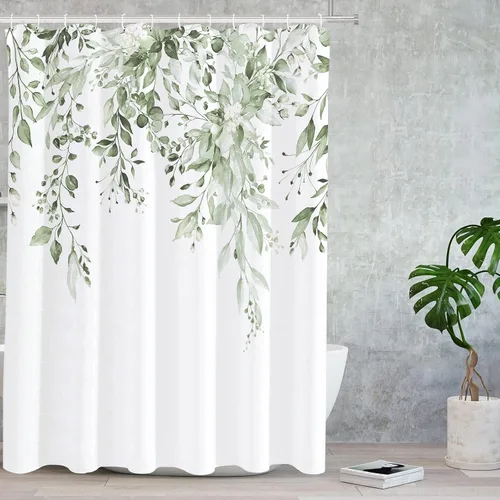 Vista 63 de Tititex - Juego de cortinas de ducha de eucalipto negro, hojas de acuarela gris en la parte superior, con decoración floral de baño, 60 x 72