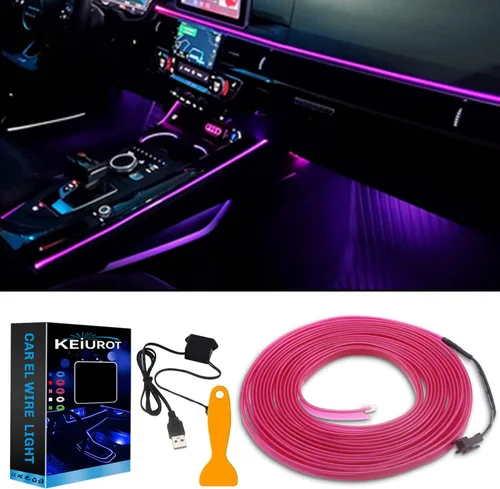 Vista 9 de Luces de cable EL para el interior del coche, luz de panel azul neón de 16 pies/5 m, tira de luz LED para coche, USB 5V, decoración
