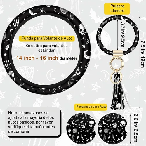 Vista 7 de Juego de 4 piezas de accesorios para auto con estampado de lunas negras y estrellas blancas, funda para volante con estampado de lunas negras