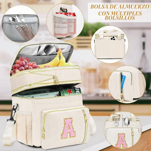 Vista 2 de Lonchera personalizada con inicial para mujer, bolsa de almuerzo grande con aislamiento térmico expandible de doble cubierta con correa