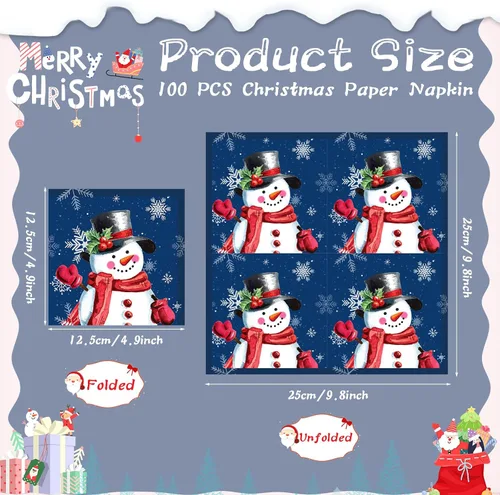 Vista 3 de Faccito 100 servilletas de papel de muñeco de nieve de Navidad, servilletas de cóctel de copo de nieve para Navidad, Año Nuevo, reuniones