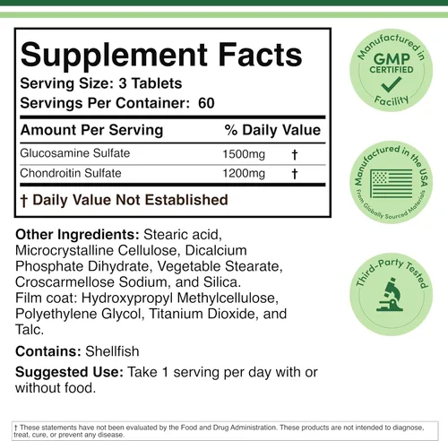 Vista 2 de Glucosamina condroitina triple fuerza (1,500 mg de sulfato de glucosamina, 1,200 mg de condroitina) 180 tabletas, suministro para dos meses