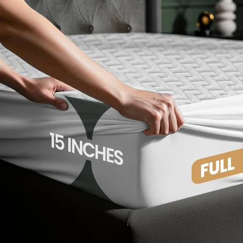 Vista 2 de Utopia Bedding Protector de colchón impermeable tamaño matrimonial, funda de colchón de tela suave 3D de alta calidad, se adapta a 15 pulgadas