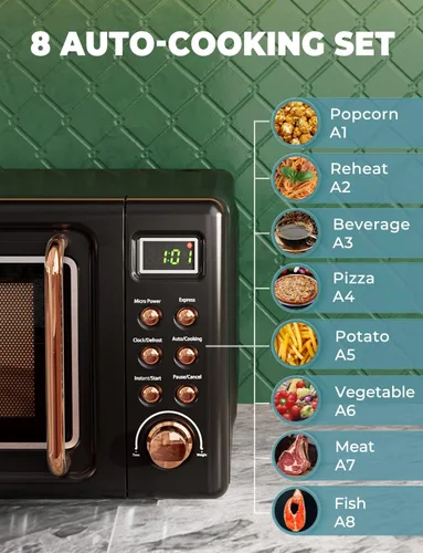 Vista 4 de SIMOE - Horno de microondas compacto, microondas retro para encimera, 0.7 pies cúbicos, 700 W con 8 juegos de cocción automática (negro)