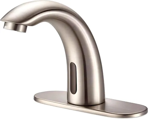 Vista 8 de Grifo de lavabo de baño sin contacto de oro cepillado, funciona con pilas, sensor de movimiento automático, grifo manos libres con válvula de mezcla
