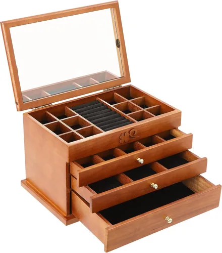 Vista 12 de Wooden Jewelry Box for Women 3-Tier Jewelry Organizer Box Dark Brown