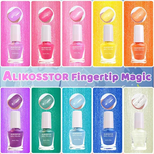 Vista 3 de Juego de esmaltes de uñas con purpurina para niños, 10 colores brillantes, no tóxicos, a base de agua, de secado rápido, para fiestas de niños