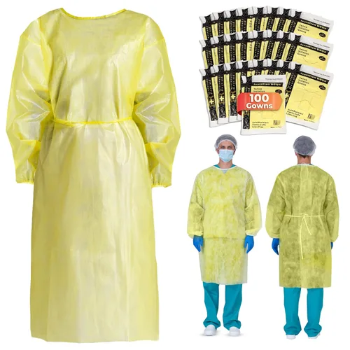 Vista 8 de Bata de aislamiento amarilla Ever Ready First Aid DYN2141-X10 con puños elásticos, cantidad universal (paquete de 10)