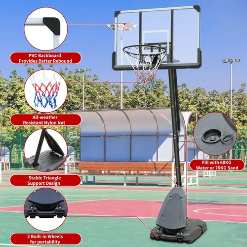 Vista 2 de Sports God - Sistema de aro de baloncesto portátil, tablero ajustable y ruedas para niños/adultos, interior y exterior