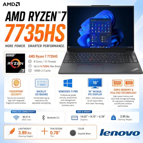Vista 2 de Lenovo ThinkPad E16 Gen 2 AMD Ryzen 7 7735HS 16 FHD+ 16GB 512GB SSD Laptop