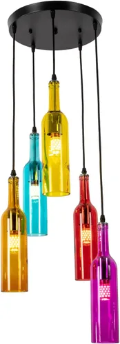 Vista 11 de Lámpara de techo industrial retro creativa con 5 luces para botella de vidrio, iluminación colgante de botella de vino de colores para cafetería