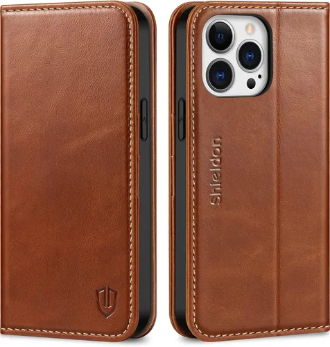 Vista 10 de SHIELDON Funda para iPhone 13 Pro Max 5G, Funda de Cartera de Cuero Genuino Magnética Folio a Prueba de Golpes con Soporte Kickstand Portador