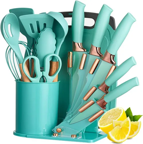 Vista 11 de Juego de utensilios de cocina y cuchillos de cocina de 19 piezas con bloque de soporte, incluye 11 utensilios de cocina de silicona, 5 cuchillos