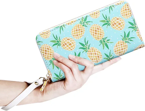 Vista 2 de KUKOO Cartera estampada con cremallera alrededor del teléfono y tarjetero organizador, Verde -4, Cartera con tarjetero