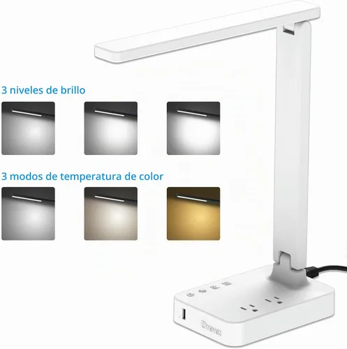 Vista 2 de Drevet Lámpara de escritorio LED, luz de escritorio con 1 puerto de carga USB y 2 tomas de corriente alterna, 3 modos de iluminación, 3 niveles