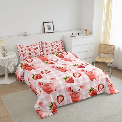 Vista 3 de Manfei Juego de edredón para niños de fresa roja, tamaño individual, juego de ropa de cama de cerdo acuarela de 2 piezas para niños, niñas