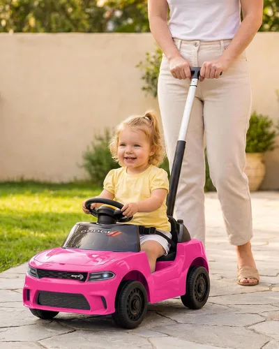 Vista 3 de Dodge Ride on Push Car con licencia para niños pequeños de 1 a 3 años con mango y música Rosa