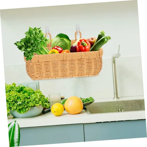 Vista 8 de Cesta de cebolla colgante tejida a mano, contenedor de almacenamiento de pared para despensa del hogar, cesta decorativa de almacenamiento