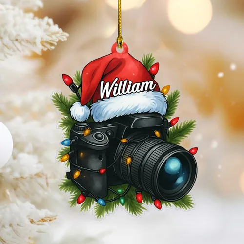 Vista 2 de Adorno de fotógrafo personalizado 2025, adorno de cámara con nombre, decoración de árbol para amantes de la fotografía, recuerdo único de vacaciones
