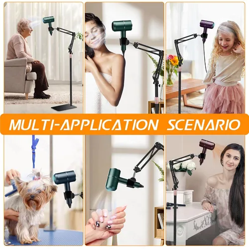 Vista 6 de Soporte para Secador de Pelo, Altura Ajustable de 1.68M, Soporte para Secador de Manos Libres con Base Pesada, Rotación de 360 Grados, Funciona