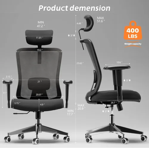 Vista 2 de Silla de oficina ergonómica, silla de escritorio de malla con reposacabezas ajustable y reposabrazos 2D, sillas de computadora con soporte lumbar