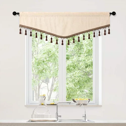 Vista 2 de ELKCA Cortinas de doble cara de felpilla para ventana de cocina, 52x18, bolsillo para barra, cenefa color beige para sala de estar, paquete de 1