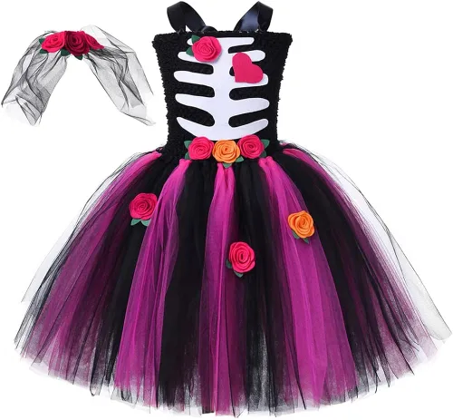 Vista 2 de IBAKOM Scary Halloween Costumes for Kids 2PCS Skeleton Bride Dress Toddler Death Wedding Outfits Day of The Dead Costume
