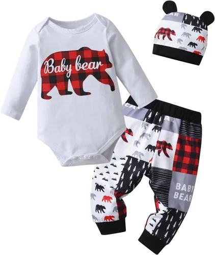 Vista 35 de Conjunto de 3 piezas de ropa de bebé recién nacido con estampado de manga larga + pantalones + sombrero