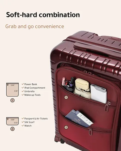 Vista 3 de LUGGEX Maleta de mano rosa con compartimento para laptop, maleta rígida de policarbonato con ruedas giratorias, solapa frontal con múltiples