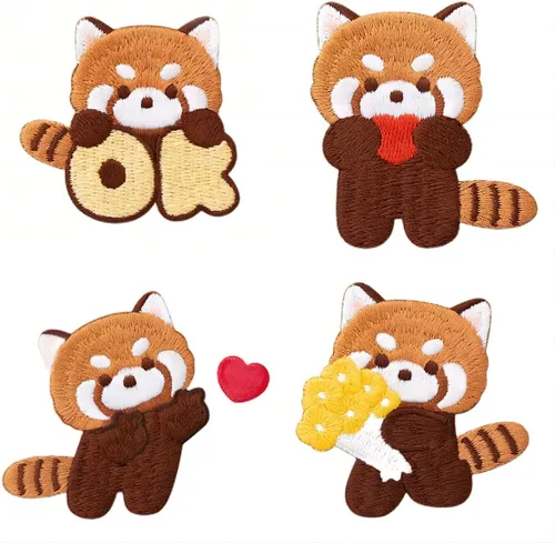 Vista 8 de Parche bordado de panda rojo de dibujos animados, autoadhesivas, parches de mapache pequeño, calcomanías de tela para coser sin costura para ropa