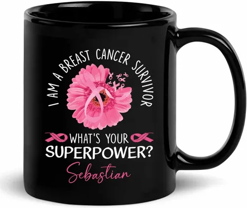 Vista 9 de Taza de café negra personalizada para el cáncer de mama, taza de viaje de concientización sobre el cáncer de mama, taza de café de cerámica
