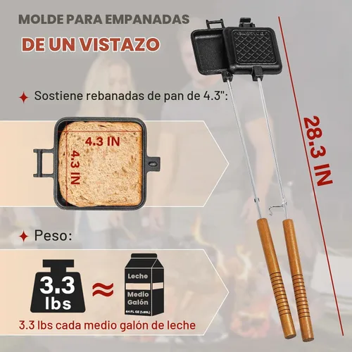 Vista 3 de Mountain Pie Maker Hierro Fundido, Hierro para tartas de fogata, hobo para acampar, paquete de 2