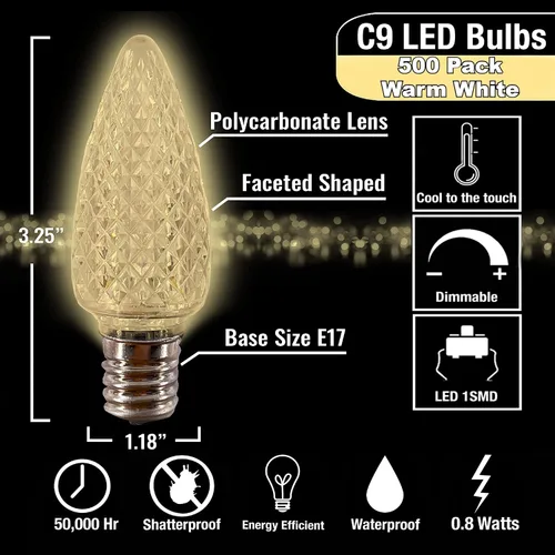 Vista 2 de Bombillas LED C9 de repuesto de color blanco cálido suave (paquete de 25) con forma de vela facetada con forma de vela de grado comercial E17