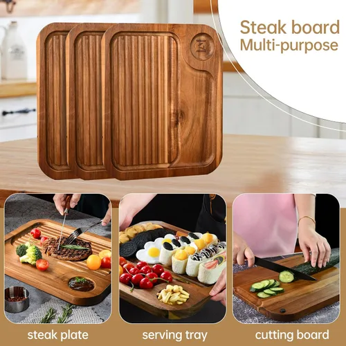 Vista 4 de Platos de bistec de madera de acacia, tabla de cortar carnívora para comer, plato de carne tallado de madera, bandeja para servir alimentos, tabla