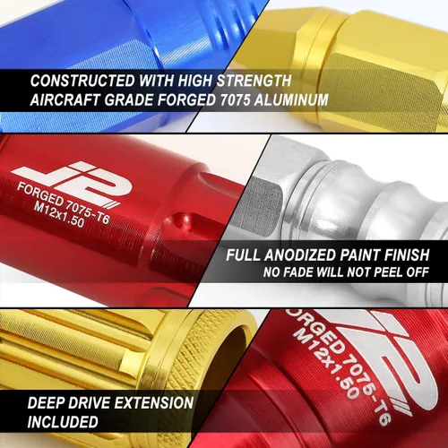 Vista 2 de J2 Engineering 7075-T6 Aluminio M12 x 1.25 20Pcs 2.953 in Alto Spiky Cap Lug Nut w/Adapter Rojo