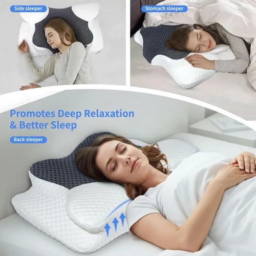Vista 9 de Almohada cervical para el cuello para aliviar el dolor, almohada de cama de espuma viscoelástica de diseño hueco para dormir de lado y de espalda
